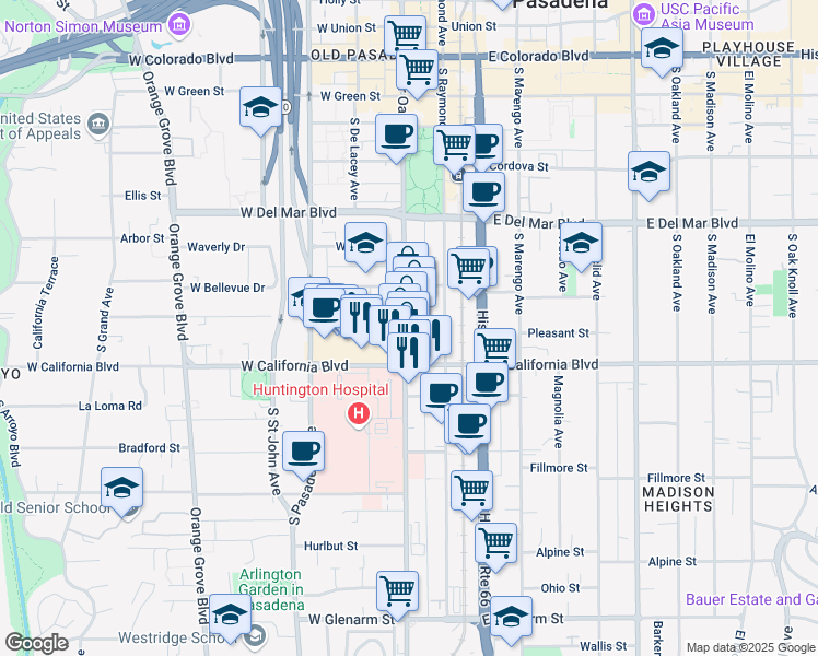 map of restaurants, bars, coffee shops, grocery stores, and more near 512 South Fair Oaks Avenue in Pasadena