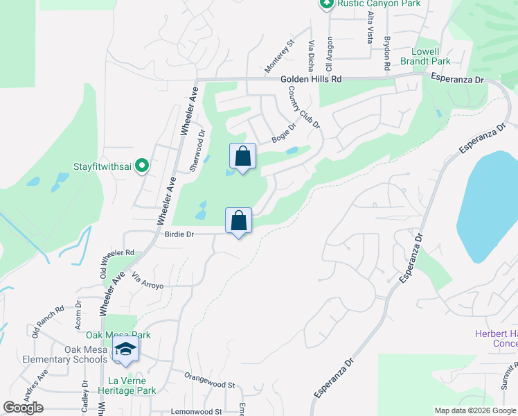 map of restaurants, bars, coffee shops, grocery stores, and more near 6141 Birdie Drive in La Verne