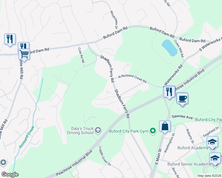 map of restaurants, bars, coffee shops, grocery stores, and more near 5460 Shadburn Ferry Road in Buford