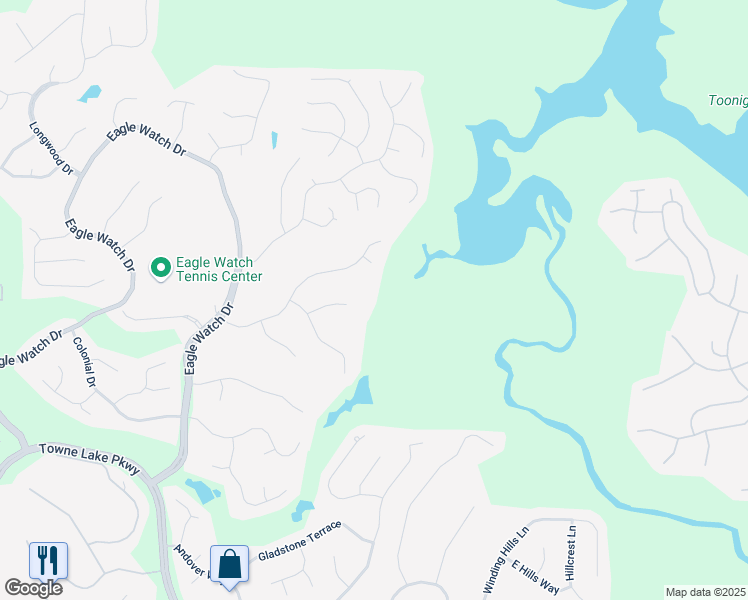 map of restaurants, bars, coffee shops, grocery stores, and more near 515 Deer Run Way in Woodstock