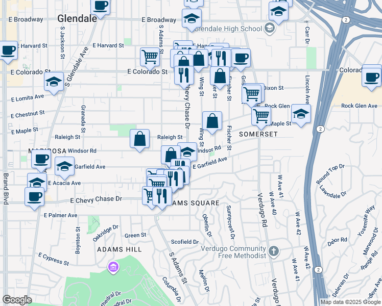 map of restaurants, bars, coffee shops, grocery stores, and more near 1200 East Windsor Road in Glendale