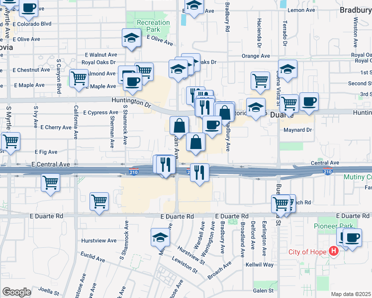 map of restaurants, bars, coffee shops, grocery stores, and more near 1422 Mountain Avenue in Duarte