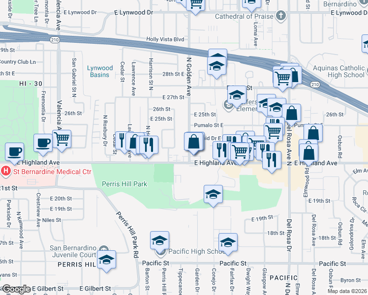 map of restaurants, bars, coffee shops, grocery stores, and more near 2228 North Golden Avenue in San Bernardino