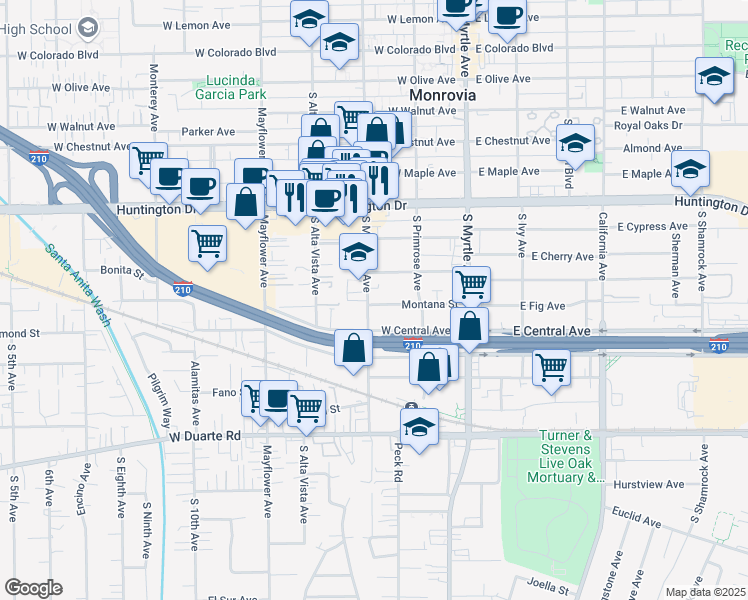 map of restaurants, bars, coffee shops, grocery stores, and more near 1328 South Magnolia Avenue in Monrovia