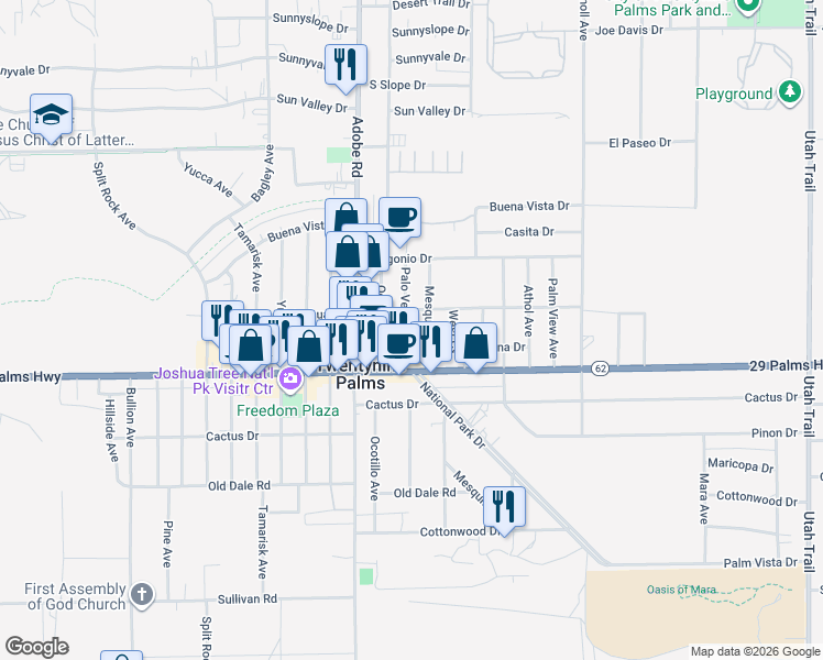 map of restaurants, bars, coffee shops, grocery stores, and more near 6437 Palo Verde Avenue in Twentynine Palms