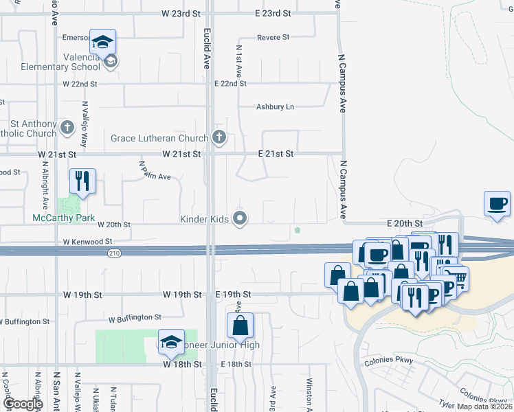 map of restaurants, bars, coffee shops, grocery stores, and more near 2025 North 2nd Avenue in Upland