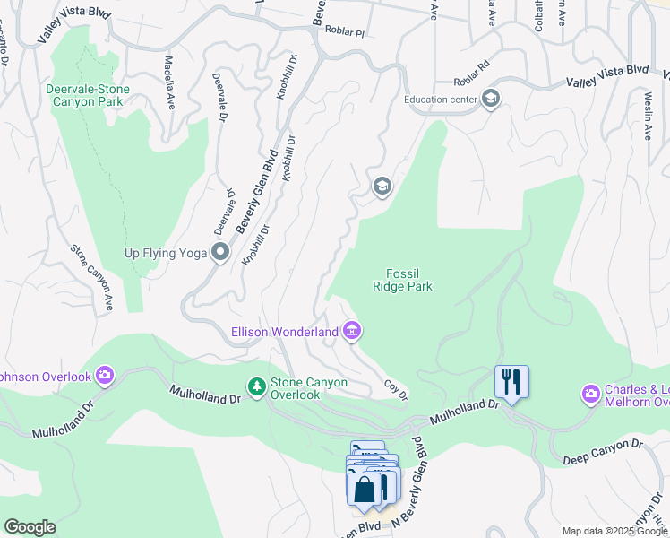 map of restaurants, bars, coffee shops, grocery stores, and more near 3636 Camino de la Cumbre in Los Angeles