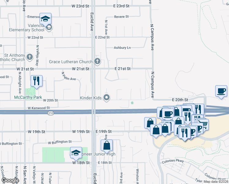 map of restaurants, bars, coffee shops, grocery stores, and more near 2025 North 2nd Avenue in Upland