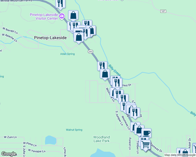 map of restaurants, bars, coffee shops, grocery stores, and more near 237 East White Mountain Boulevard in Pinetop-Lakeside