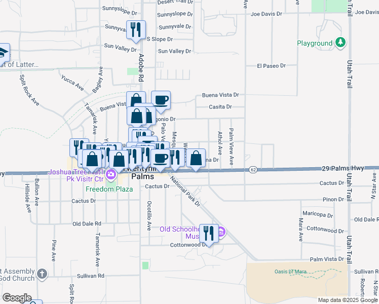 map of restaurants, bars, coffee shops, grocery stores, and more near 6439 West Court in Twentynine Palms