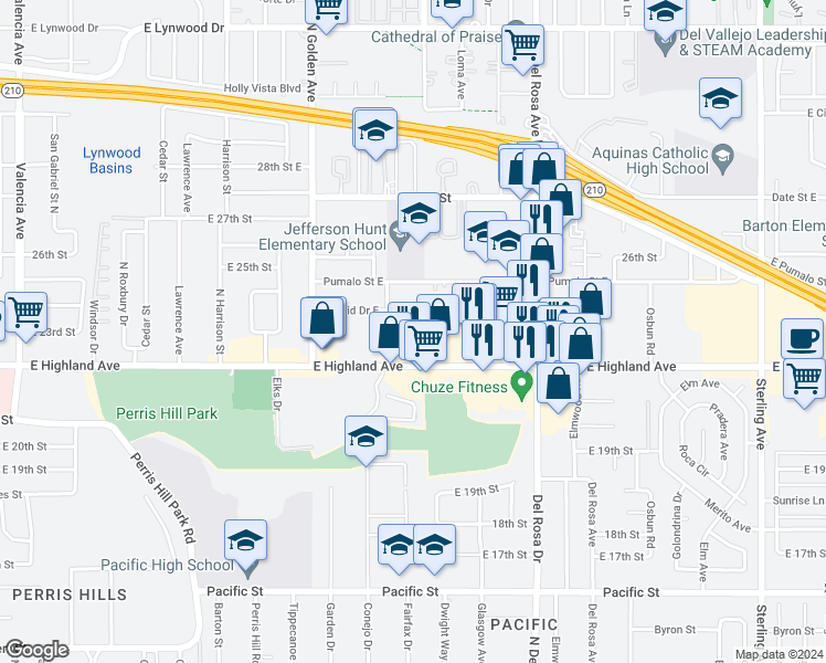 map of restaurants, bars, coffee shops, grocery stores, and more near 2301 Mountain Avenue North in San Bernardino