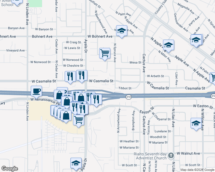 map of restaurants, bars, coffee shops, grocery stores, and more near 2070 North Spruce Avenue in Rialto