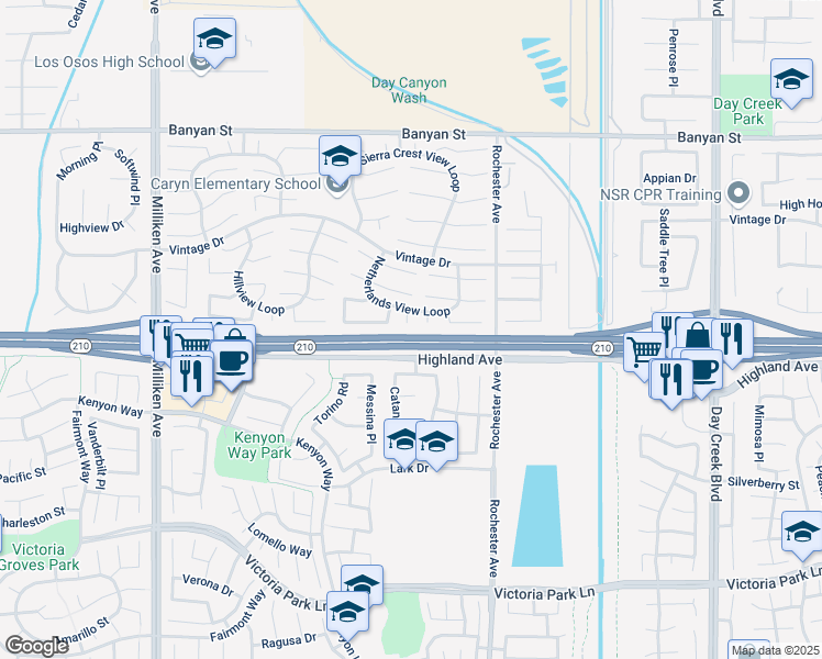 map of restaurants, bars, coffee shops, grocery stores, and more near 6440 Panorama Court in Rancho Cucamonga