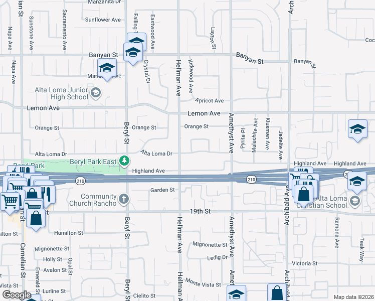map of restaurants, bars, coffee shops, grocery stores, and more near 9358 Alta Loma Drive in Rancho Cucamonga