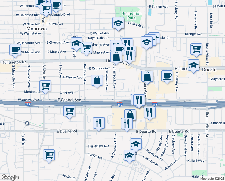 map of restaurants, bars, coffee shops, grocery stores, and more near 1323 South Shamrock Avenue in Monrovia