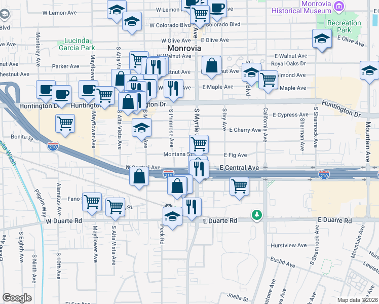 map of restaurants, bars, coffee shops, grocery stores, and more near 131 Montana Street in Monrovia