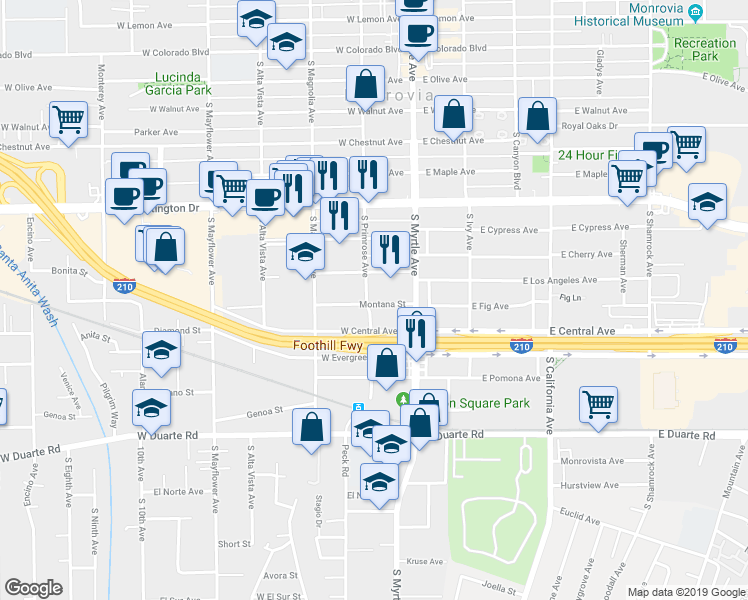 map of restaurants, bars, coffee shops, grocery stores, and more near 131 Montana Street in Monrovia