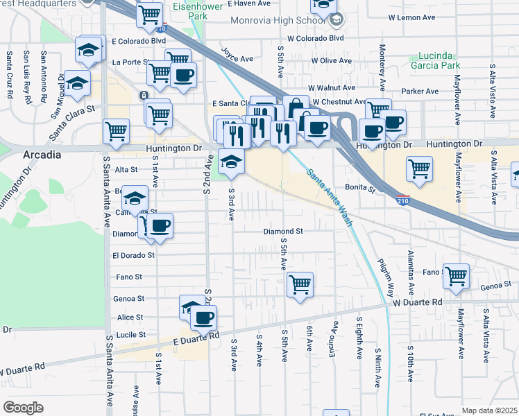 map of restaurants, bars, coffee shops, grocery stores, and more near 417 California Street in Arcadia