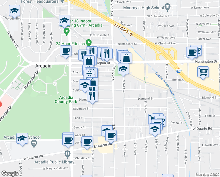 map of restaurants, bars, coffee shops, grocery stores, and more near 155 California Street in Arcadia