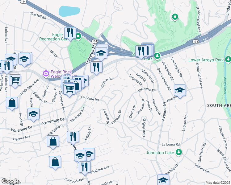 map of restaurants, bars, coffee shops, grocery stores, and more near 350 Elmwood Drive in Pasadena