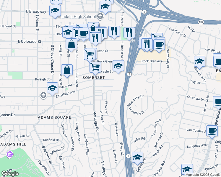 map of restaurants, bars, coffee shops, grocery stores, and more near 1448 East Garfield Avenue in Glendale