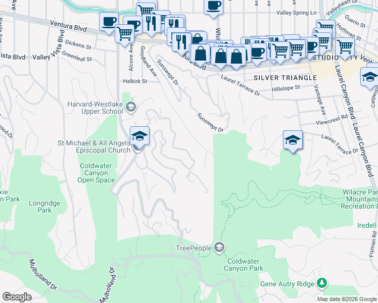 map of restaurants, bars, coffee shops, grocery stores, and more near 3673 Goodland Avenue in Los Angeles