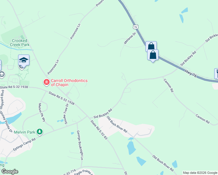 map of restaurants, bars, coffee shops, grocery stores, and more near 480 Sid Bickley Road in Chapin