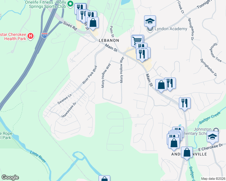 map of restaurants, bars, coffee shops, grocery stores, and more near 407 Gray Fox Court in Woodstock