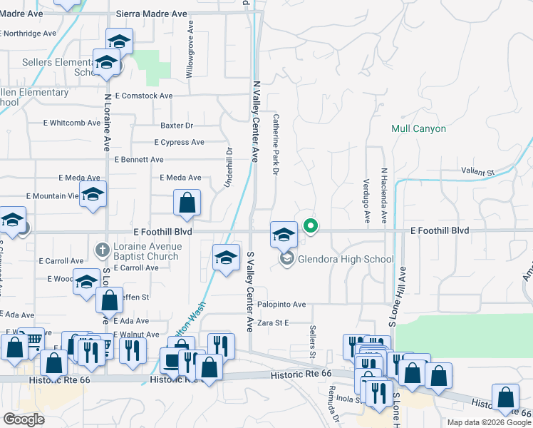 map of restaurants, bars, coffee shops, grocery stores, and more near 127 Catherine Park Drive in Glendora