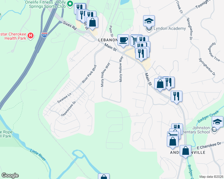 map of restaurants, bars, coffee shops, grocery stores, and more near 407 Gray Fox Ct in Woodstock