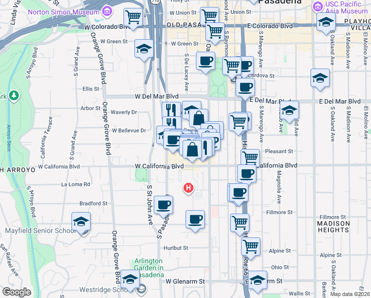 map of restaurants, bars, coffee shops, grocery stores, and more near 100 Palmetto Drive in Pasadena