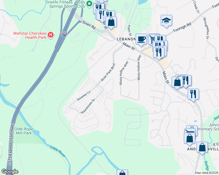 map of restaurants, bars, coffee shops, grocery stores, and more near 613 Sweet Bay Ridge in Woodstock