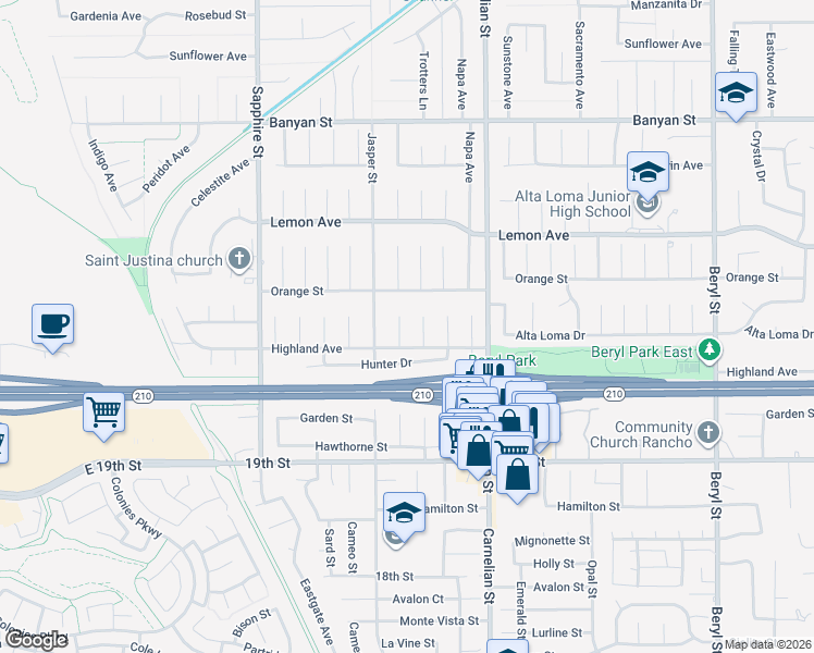 map of restaurants, bars, coffee shops, grocery stores, and more near 6463 Hollyoak Drive in Rancho Cucamonga