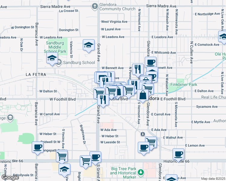 map of restaurants, bars, coffee shops, grocery stores, and more near 348 West Mountain View Avenue in Glendora