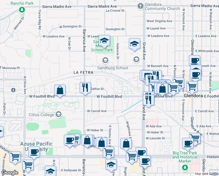 map of restaurants, bars, coffee shops, grocery stores, and more near 139 North Vecino Avenue in Glendora