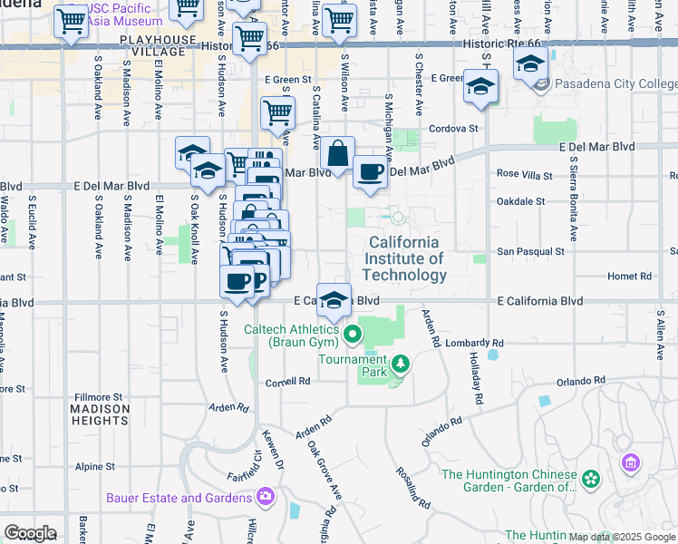 map of restaurants, bars, coffee shops, grocery stores, and more near 515 South Wilson Avenue in Pasadena