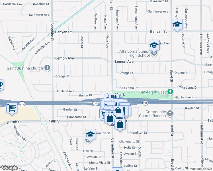 map of restaurants, bars, coffee shops, grocery stores, and more near 6466 Napa Avenue in Rancho Cucamonga