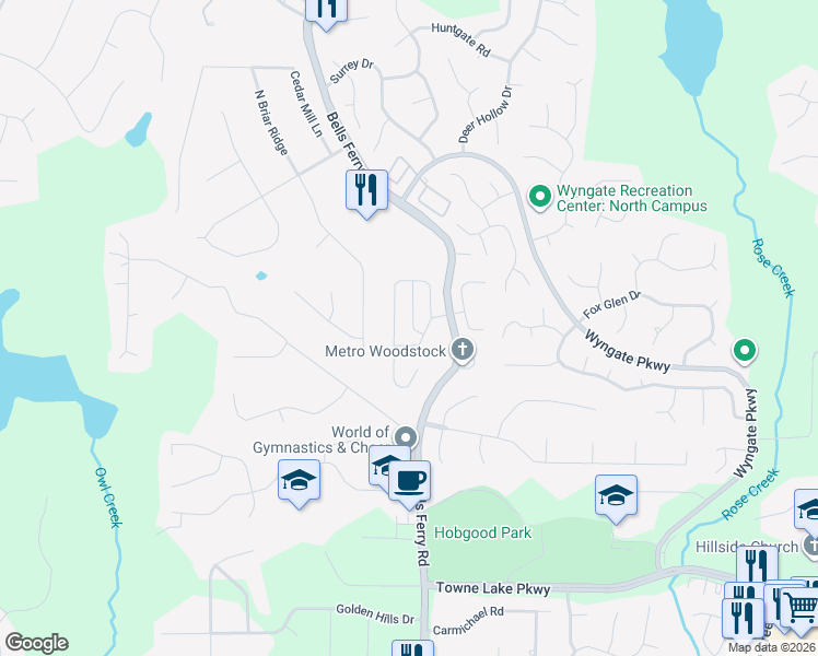 map of restaurants, bars, coffee shops, grocery stores, and more near 407 Belmont Way in Woodstock