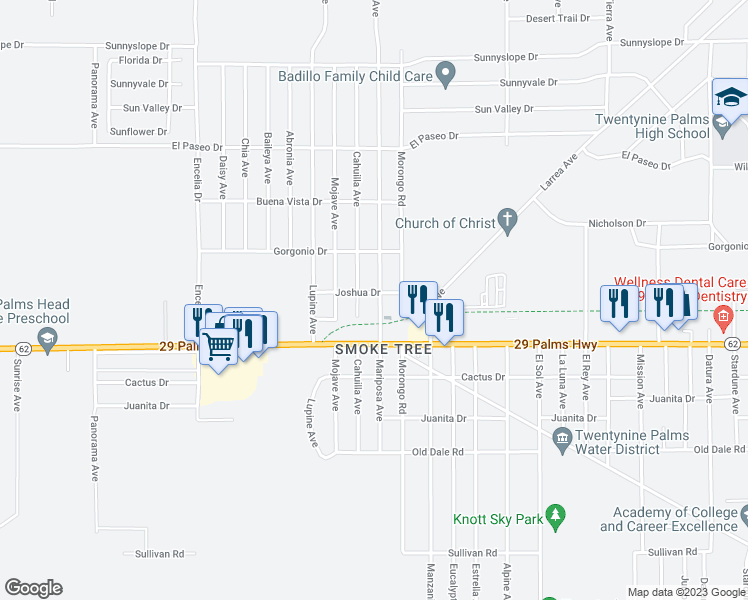 map of restaurants, bars, coffee shops, grocery stores, and more near 6414 Mariposa Avenue in Twentynine Palms