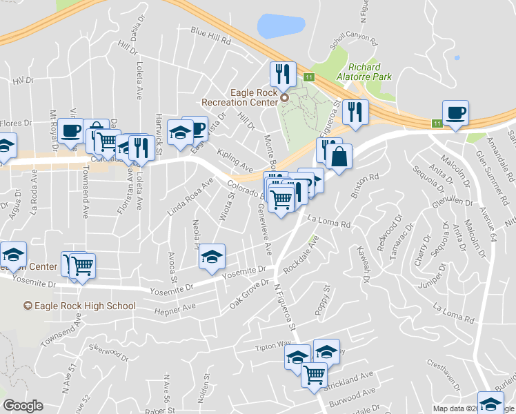 map of restaurants, bars, coffee shops, grocery stores, and more near 4963 Genevieve Avenue in Los Angeles