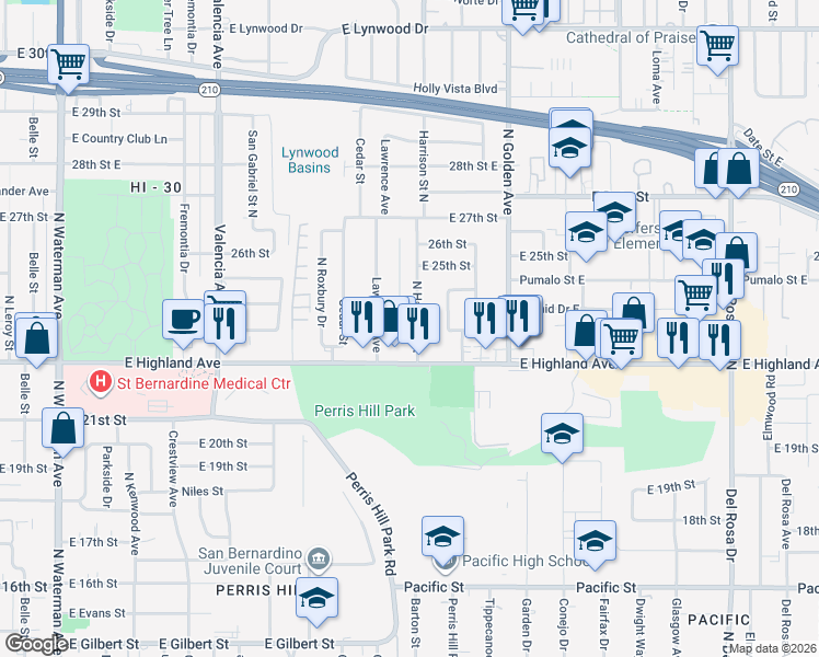 map of restaurants, bars, coffee shops, grocery stores, and more near 2360 North Harrison Street in San Bernardino