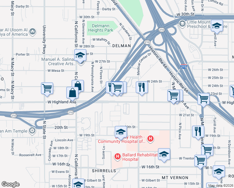 map of restaurants, bars, coffee shops, grocery stores, and more near 1665 West 23rd Street in San Bernardino