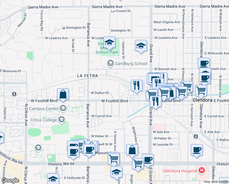 map of restaurants, bars, coffee shops, grocery stores, and more near 139 North Vecino Avenue in Glendora