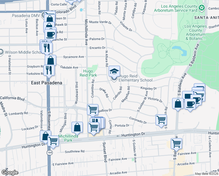 map of restaurants, bars, coffee shops, grocery stores, and more near 400 Drake Road in Arcadia
