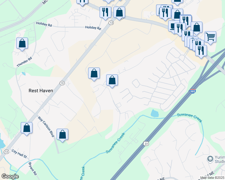 map of restaurants, bars, coffee shops, grocery stores, and more near 5143 Belle Wood Court in Buford