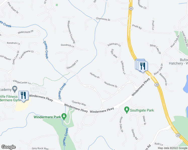 map of restaurants, bars, coffee shops, grocery stores, and more near 1625 Hutton Place in Cumming