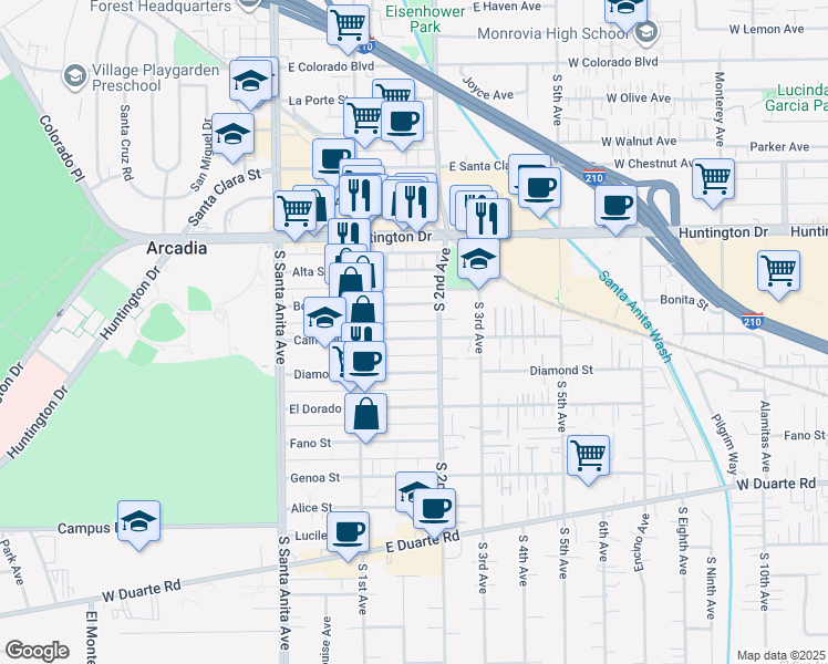 map of restaurants, bars, coffee shops, grocery stores, and more near 151 California Street in Arcadia