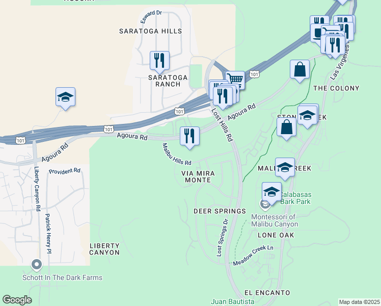 map of restaurants, bars, coffee shops, grocery stores, and more near 26901 Malibu Hills Road in Agoura Hills