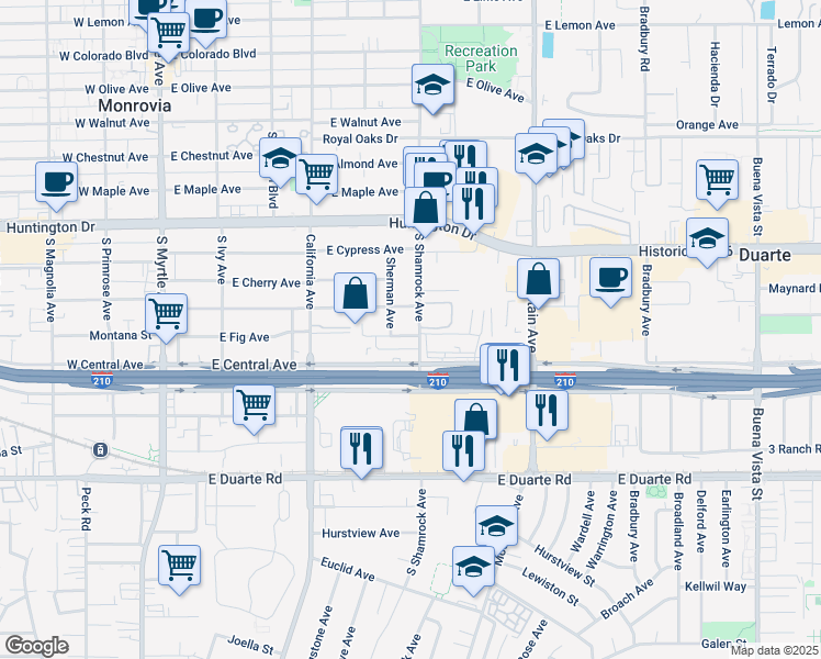 map of restaurants, bars, coffee shops, grocery stores, and more near 1323 South Shamrock Avenue in Monrovia