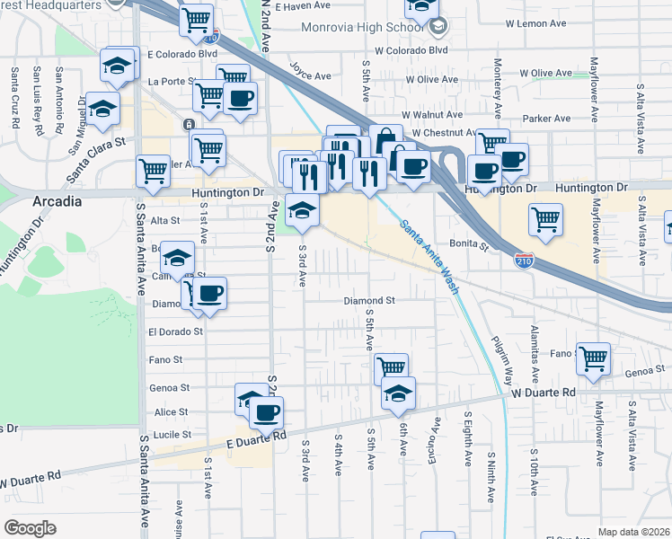 map of restaurants, bars, coffee shops, grocery stores, and more near 417 California Street in Arcadia